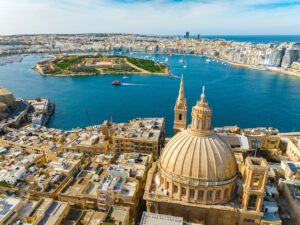 Drone from Valletta overlooking Manoel Island and Sliema Ferries